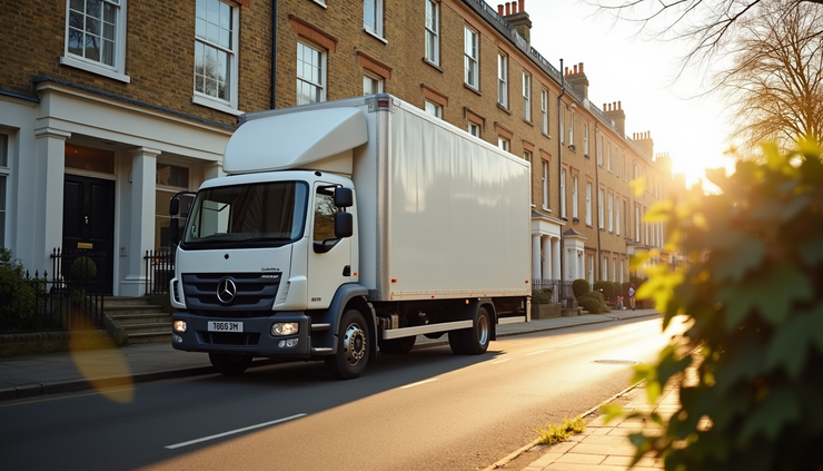 Eye-level view of a moving truck parked outside a London townhouse