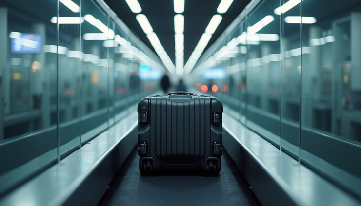 Eye-level view of luggage conveyor belt at Heathrow Airport security checkpoint
