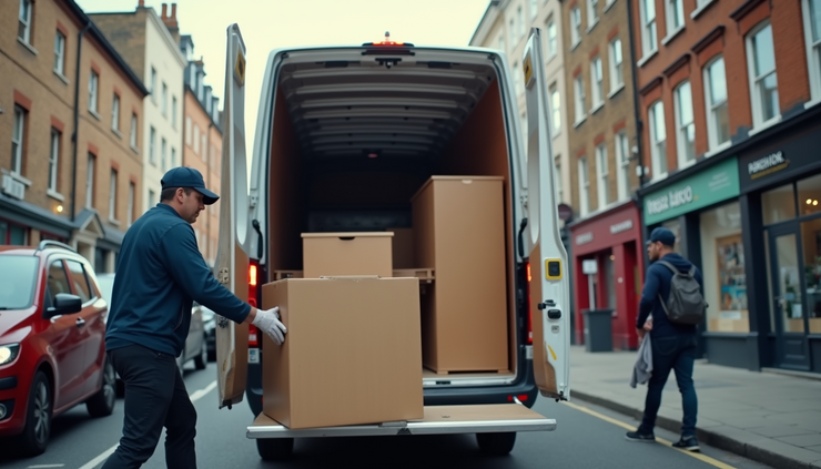 Close-up view of a moving van being loaded with furniture outside a Fulham flat