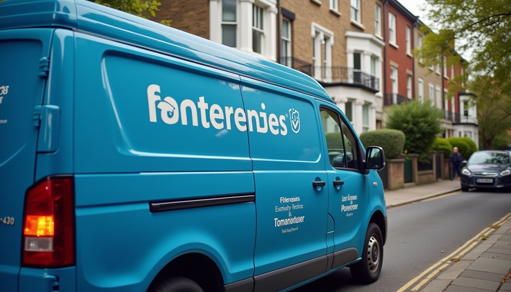 Close-up view of a blue sign-wrapped van with “The London Man And Van.co.uk” logo parked outside a London townhouse