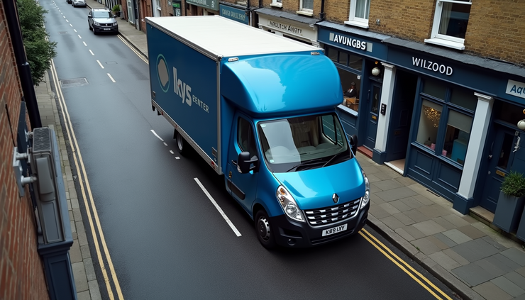 High angle view of a blue branded van parked in a designated loading bay on a narrow street in Hammersmith