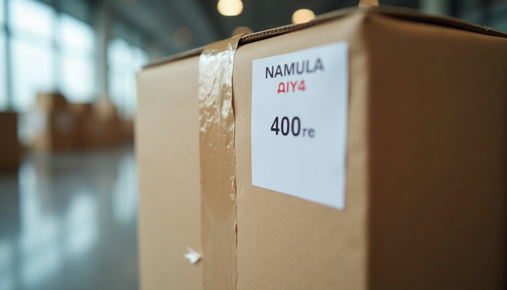 Close-up of a securely taped large parcel ready for Heathrow delivery