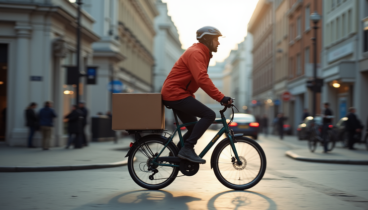 Close-up view of a courier bike delivering a package in London streets