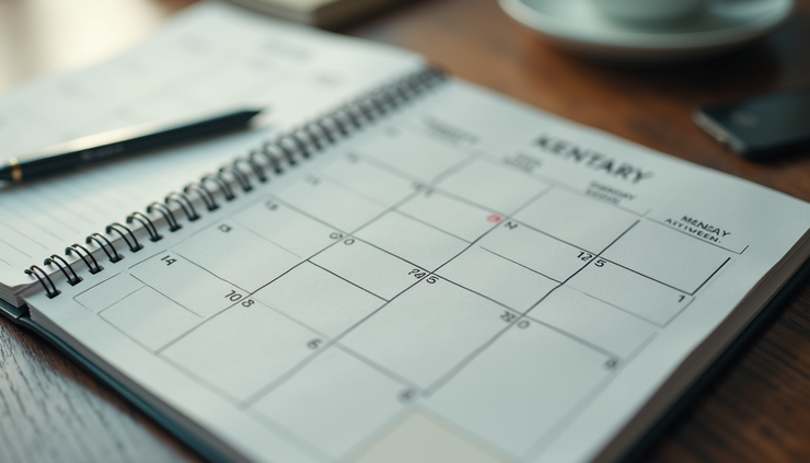 High angle view of a calendar showing weekdays highlighted for moving