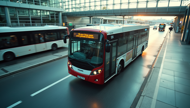 High angle view of Heathrow Airport shuttle bus moving between terminals