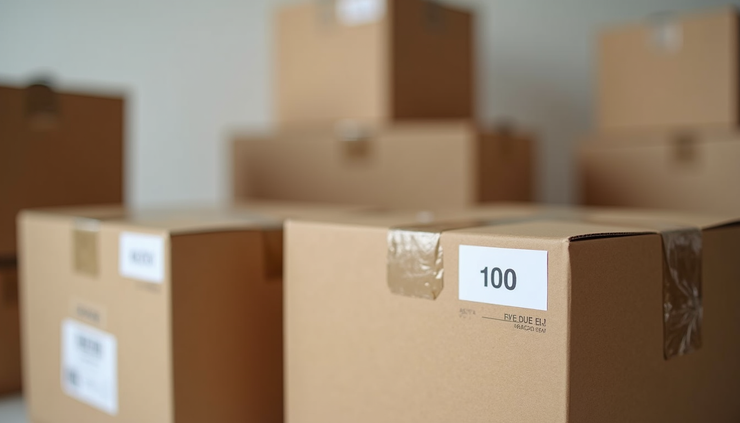 Close-up view of neatly packed and labeled moving boxes ready for transport