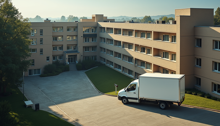 High angle view of university dormitory building with delivery van parked outside