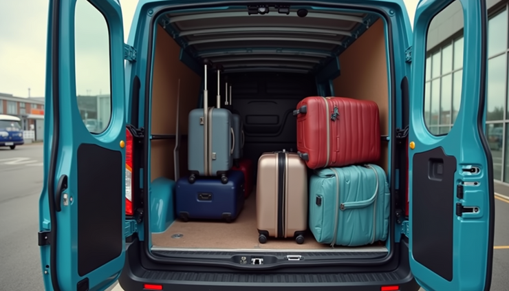 High angle view of multiple suitcases being loaded into a delivery van