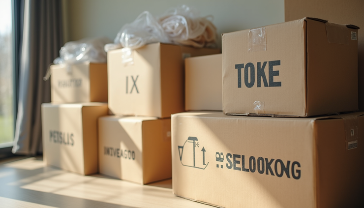 Close-up view of neatly packed moving boxes labeled for different rooms
