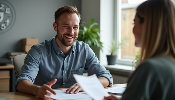 Close-up view of a moving company employee explaining moving time estimates to a customer