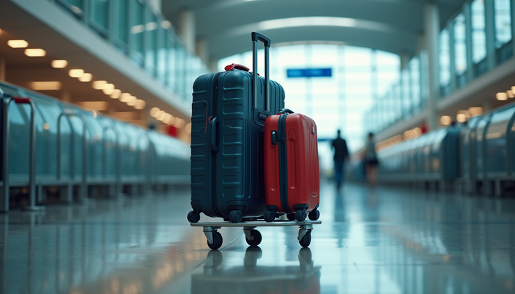 Eye-level view of luggage trolley loaded with suitcases at Heathrow Airport terminal