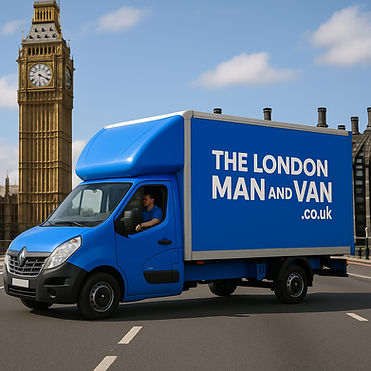 A bright blue Luton van from The London Man And Van.co.uk drives through central London ne