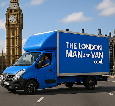 A bright blue Luton van from The London Man And Van.co.uk drives through central London ne
