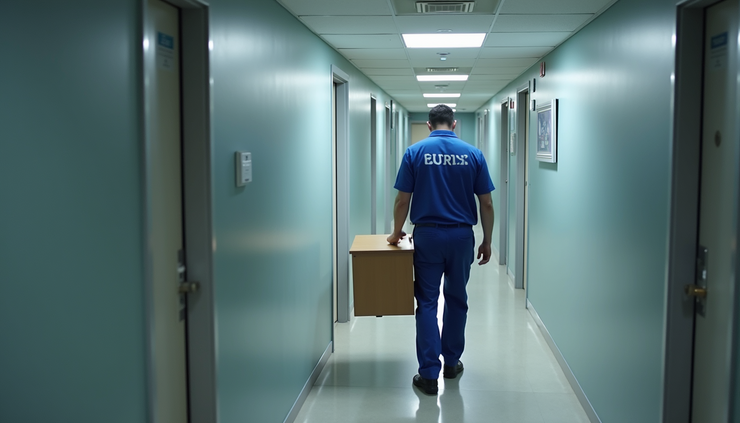High angle view of a blue uniformed mover carrying a desk through a London office hallway