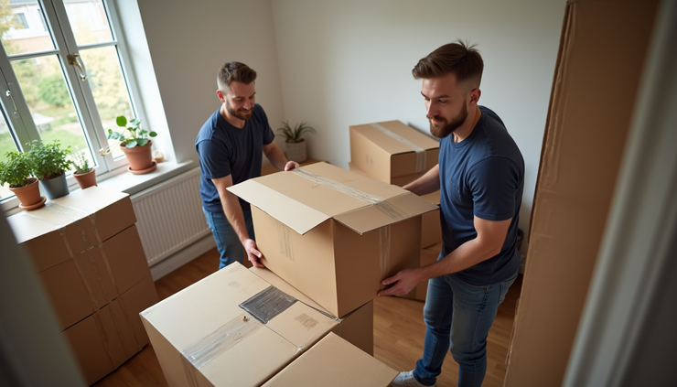 High angle view of a moving team carefully packing fragile items in a Romford home