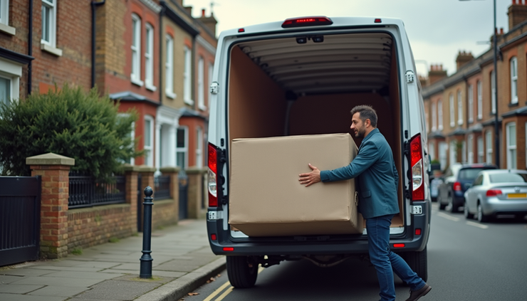 Close-up view of a man and van vehicle loading furniture in W3 Acton