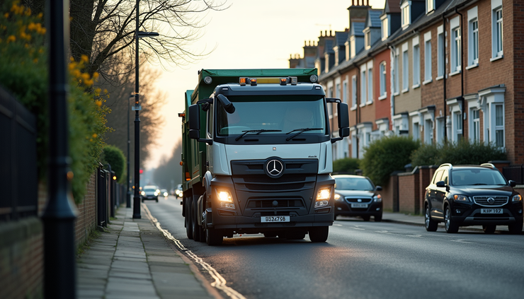 Eye-level view of a rubbish collection truck parked on a residential street in South West London