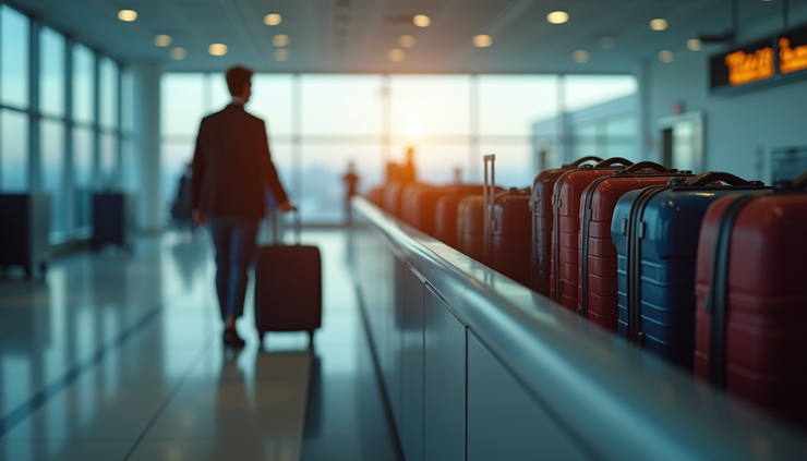 Eye-level view of a Heathrow Airport luggage delivery counter with suitcases ready for pickup