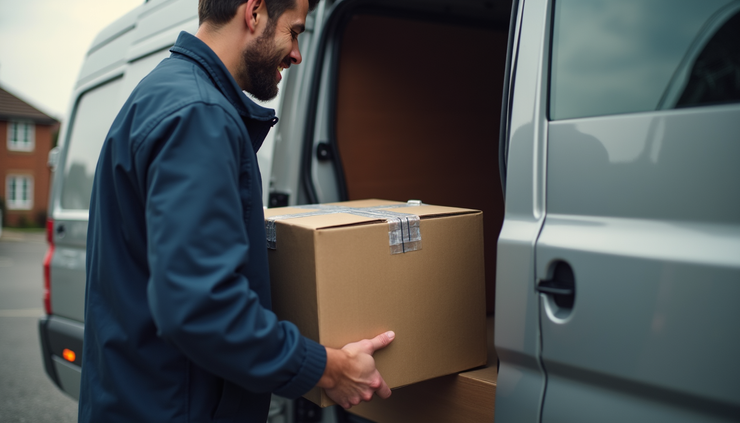 Close-up view of a van driver loading a large package into the back of a van in Southgate
