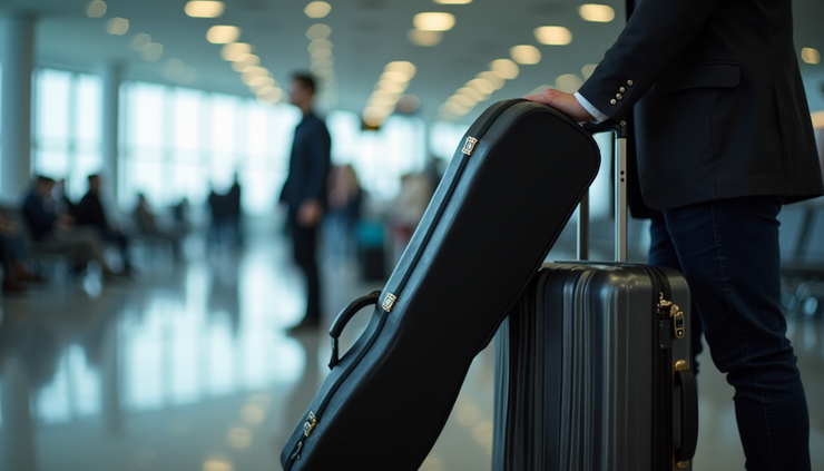 Eye-level view of a musician's guitar case being handled at Heathrow Airport