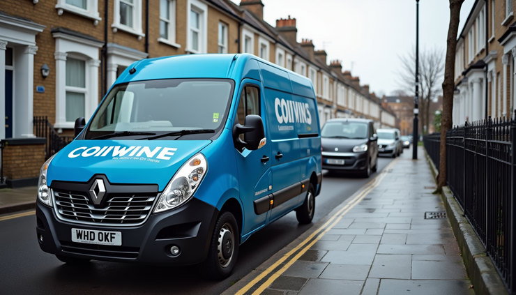 Eye-level view of a blue branded van parked on a residential street in Hammersmith