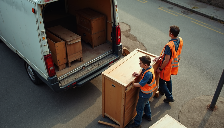 High angle view of a junk removal team loading old furniture into a van in EN1 Enfield