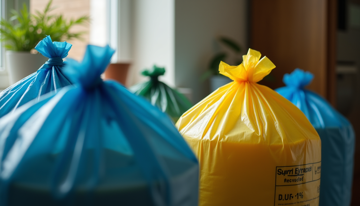 Close-up view of sorted recyclable waste bags ready for collection in a Hammersmith home
