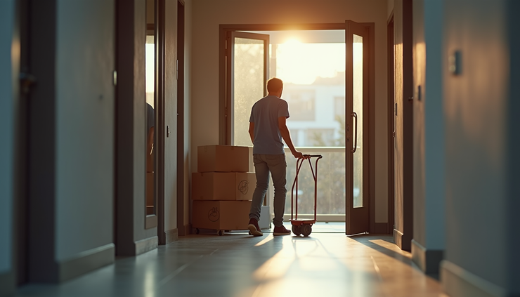 Close-up view of a mover using a hand trolley to carry boxes through a narrow building entrance