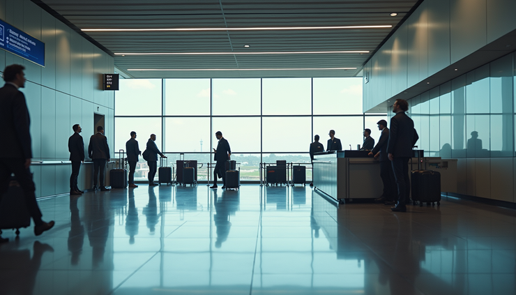 High angle view of Heathrow Airport arrivals hall with luggage delivery service counter