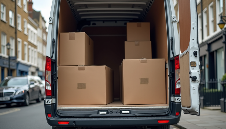 Close-up view of a removal van being loaded with packed boxes in a London street