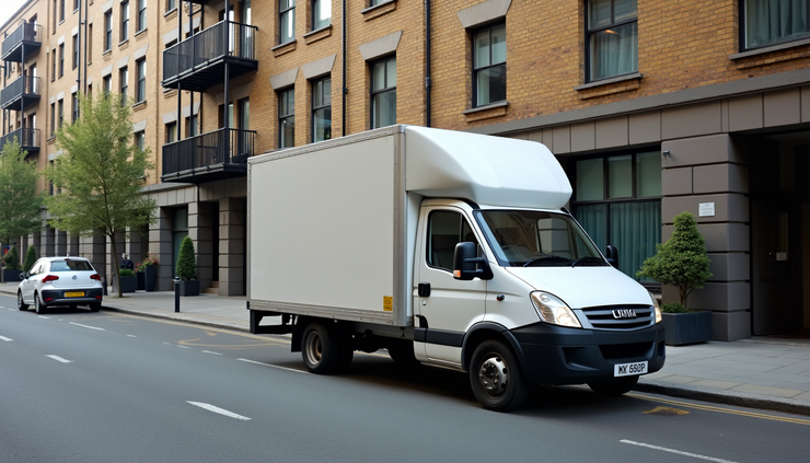 Eye-level view of a compact van parked outside a Whitechapel student accommodation building