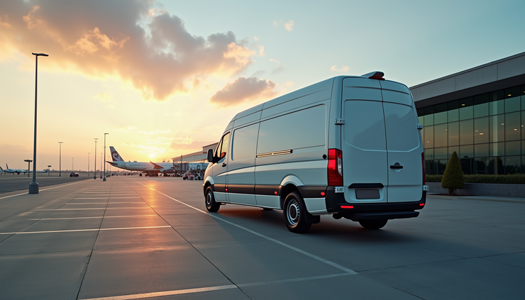 High angle view of luggage delivery van parked outside Heathrow Airport