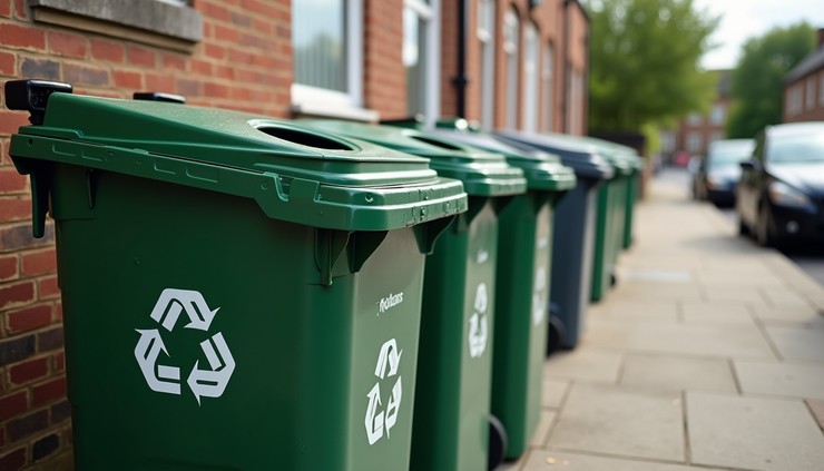 High angle view of segregated recycling bins outside a residential building in Woodford Green