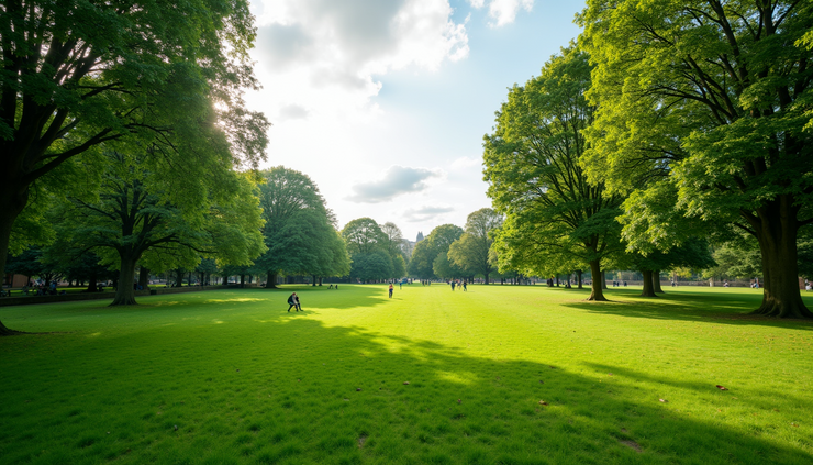 Wide angle view of Ravenscourt Park with green lawns and people walking