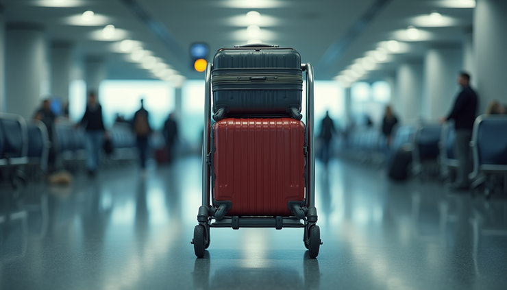 Eye-level view of luggage trolley loaded with suitcases at Heathrow Airport terminal