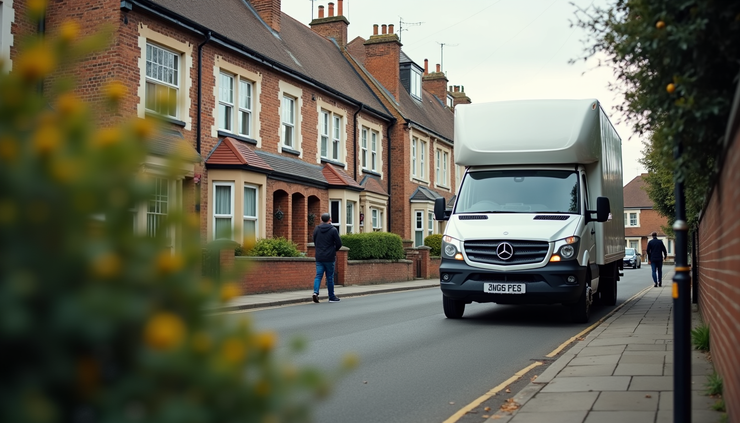 Wide angle view of a man and van parked outside a London house during a move