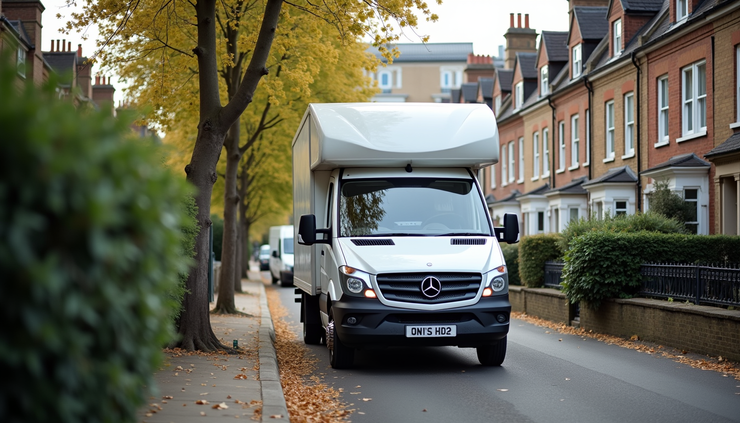 Eye-level view of a moving van parked outside a London townhouse ready for loading