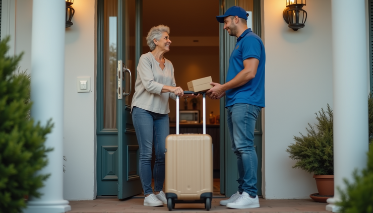 Eye-level view of delivery driver handing luggage to elderly passenger at home doorstep