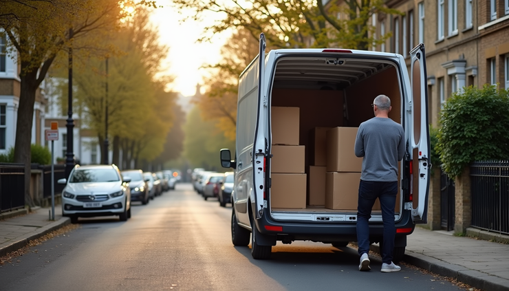 Eye-level view of a man and van parked on a residential street in Hammersmith