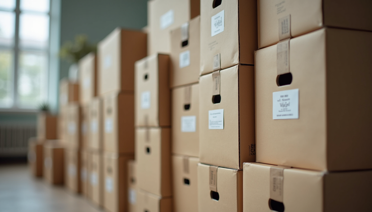 Close-up view of labelled moving boxes stacked neatly in an office space