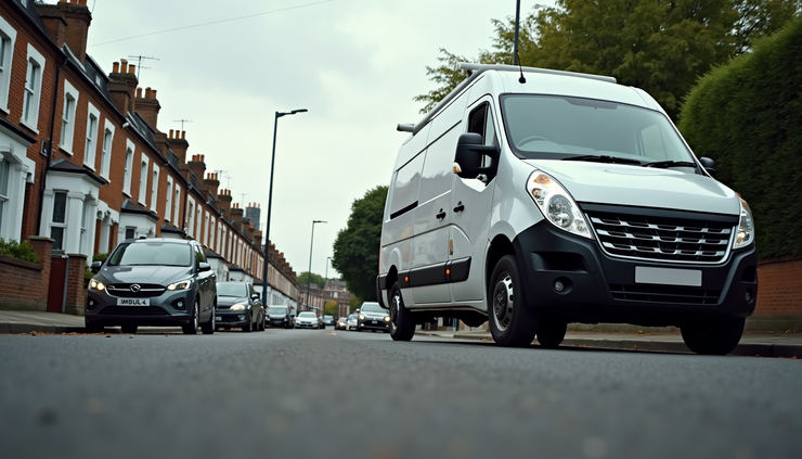 Eye-level view of a moving van parked on a residential street in Fulham