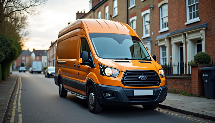 Eye-level view of a courier van parked outside a London residential street