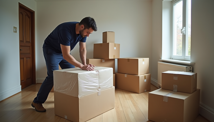 High angle view of a professional mover carefully wrapping a fragile item in protective material inside a Hammersmith home