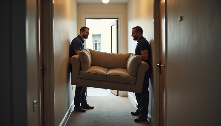Eye-level view of movers carefully lifting a large sofa in a narrow London hallway