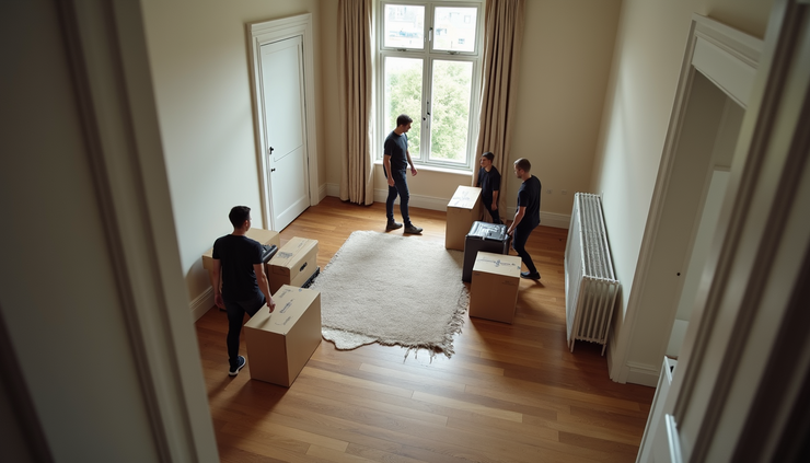High angle view of a moving team unloading furniture carefully into a London flat