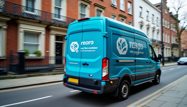 Eye-level view of a blue van with white branding parked on a London street, ready for eco-friendly moving