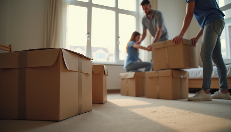 Close-up view of movers carefully packing boxes in a shared house bedroom