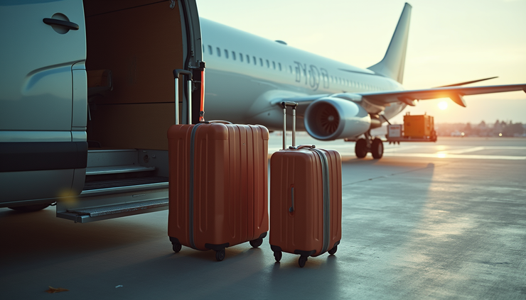 High angle view of oversized luggage being loaded into a Heathrow Airport delivery van