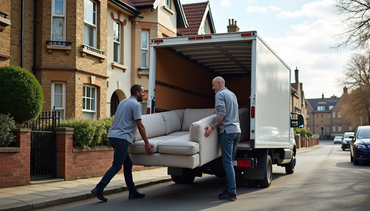 High angle view of movers loading furniture into a van on a Hammersmith street