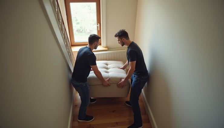 High angle view of movers carefully carrying a sofa down a narrow staircase in a Barnes flat